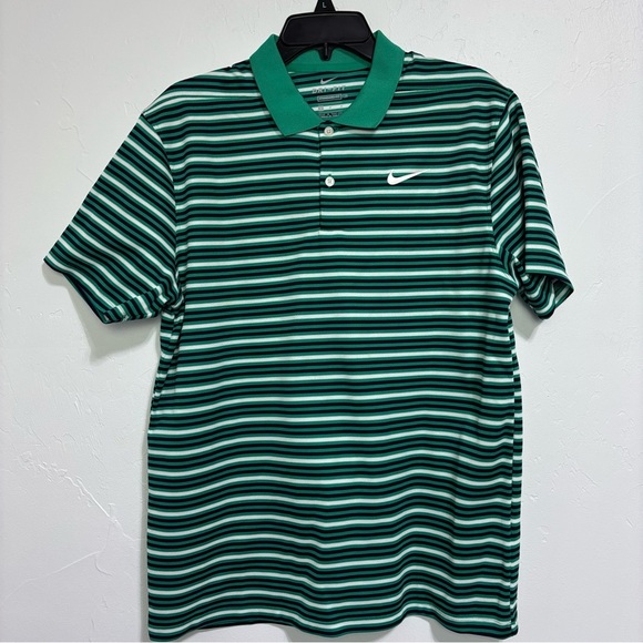 Nike Dri Fit Men's Medium Green Striped Polo Athletic Short Sleeve Shirt Tennis - Picture 1 of 8